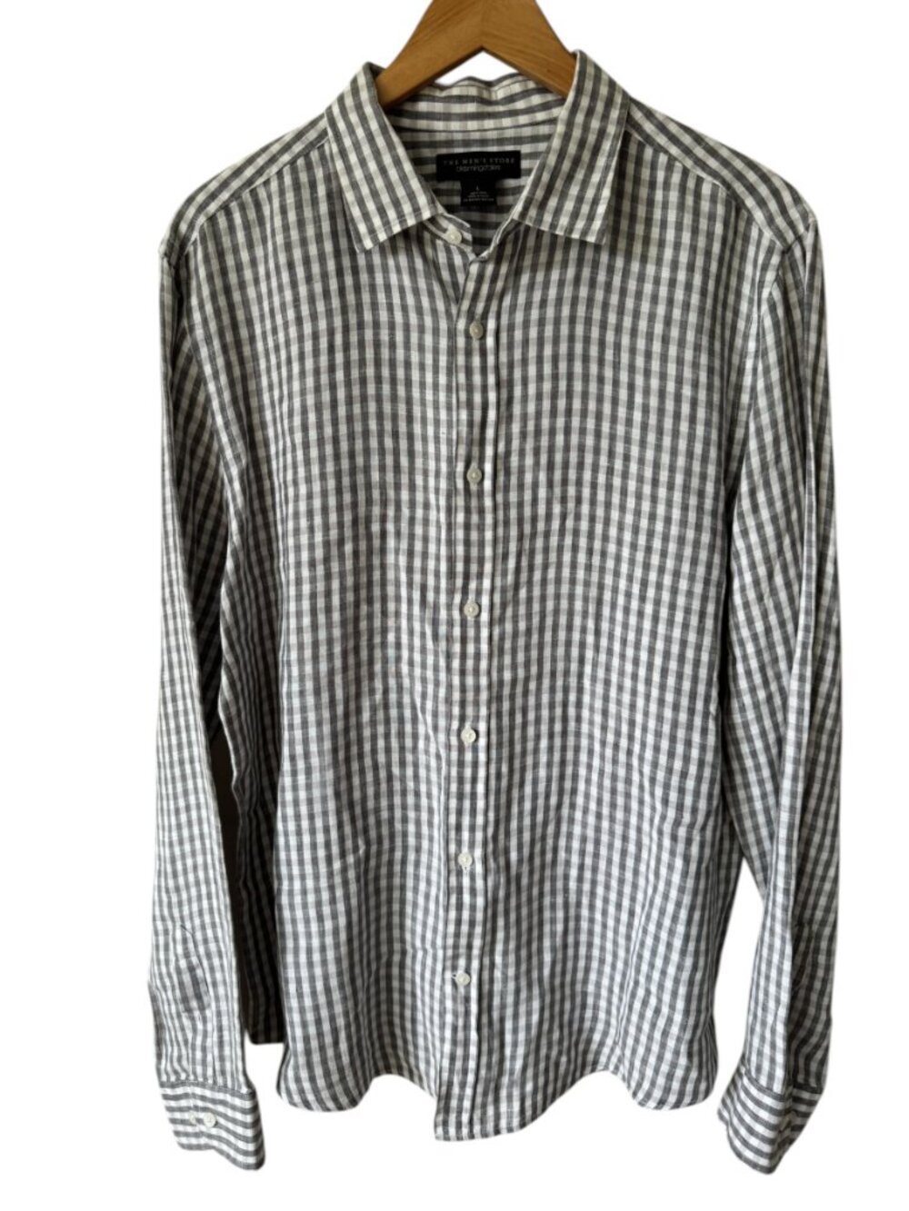 The Men's Store Bloomingdales Linen Button Front Checked Shirt Lg Neutral Casual